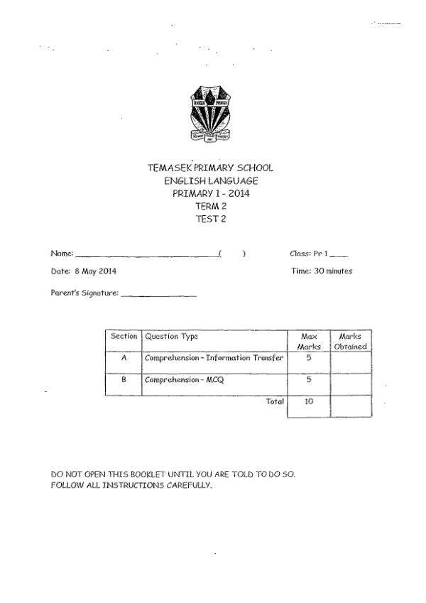 Temasek P1 Eng WA2 2014 exam paper PDF first page preview