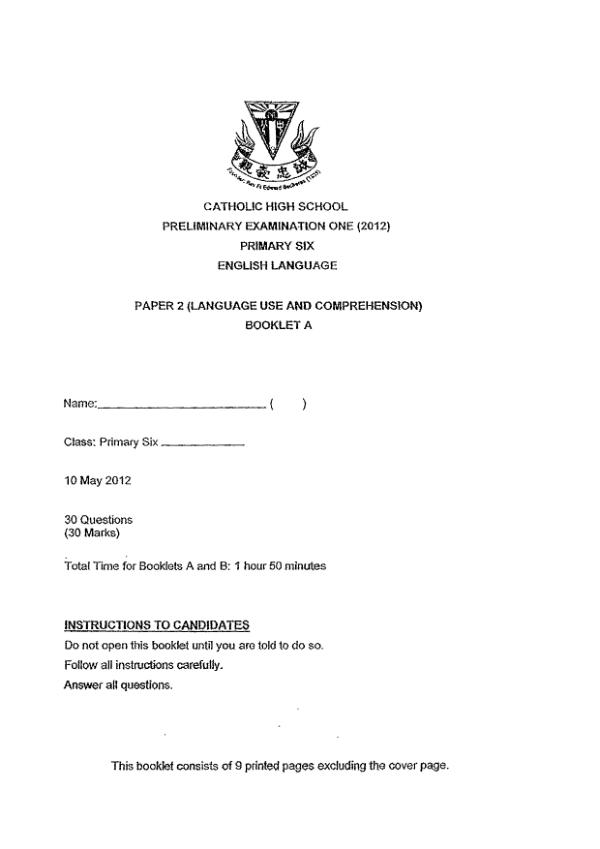 Catholic High P6 Eng WA2 2012 exam paper PDF preview