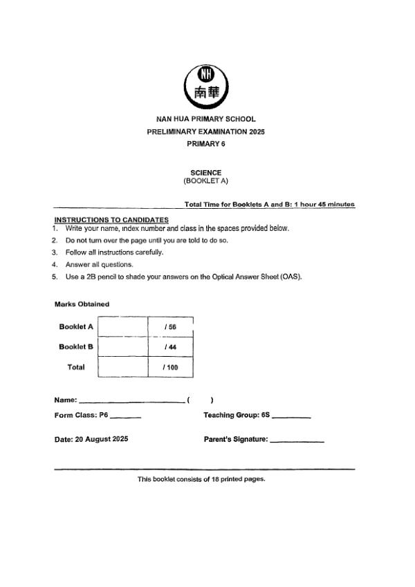 Nan Hua P6 Sci SA2 2025 exam paper PDF preview