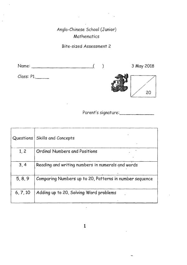First page preview of P1 Math 2018 WA2 — Anglo Chinese