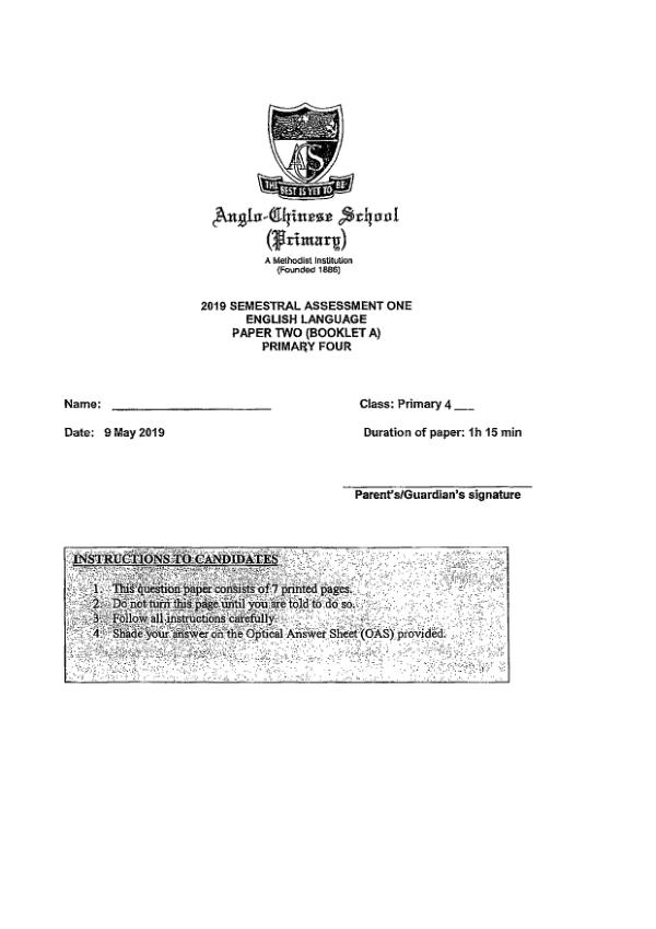 Anglo Chinese P4 Eng WA2 2019 exam paper PDF first page preview