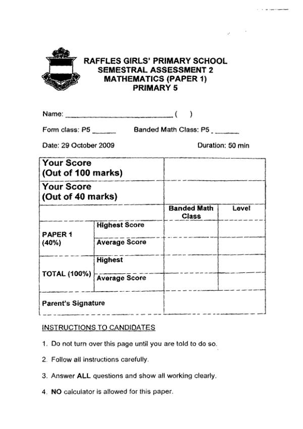 Raffles Girls P5 Math SA2 2009 exam paper PDF preview