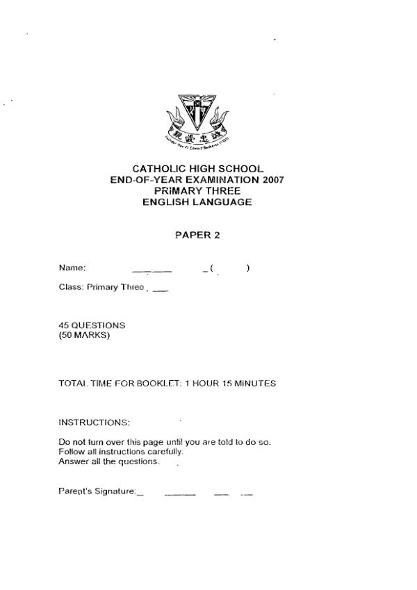 Catholic High P3 Eng SA2 2007 exam paper PDF first page preview