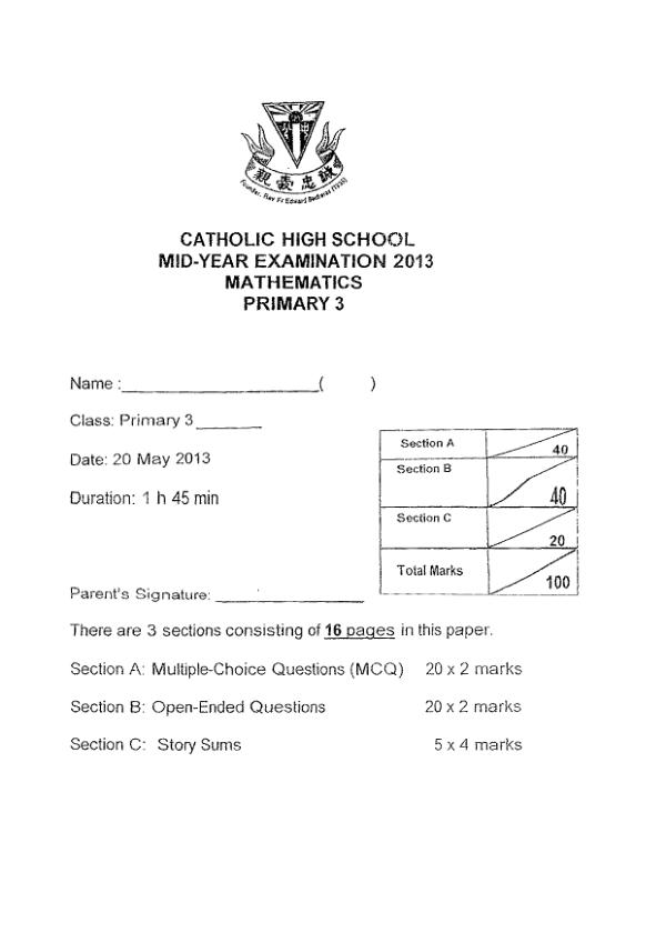 Catholic High P3 Math WA2 2013 exam paper PDF first page preview