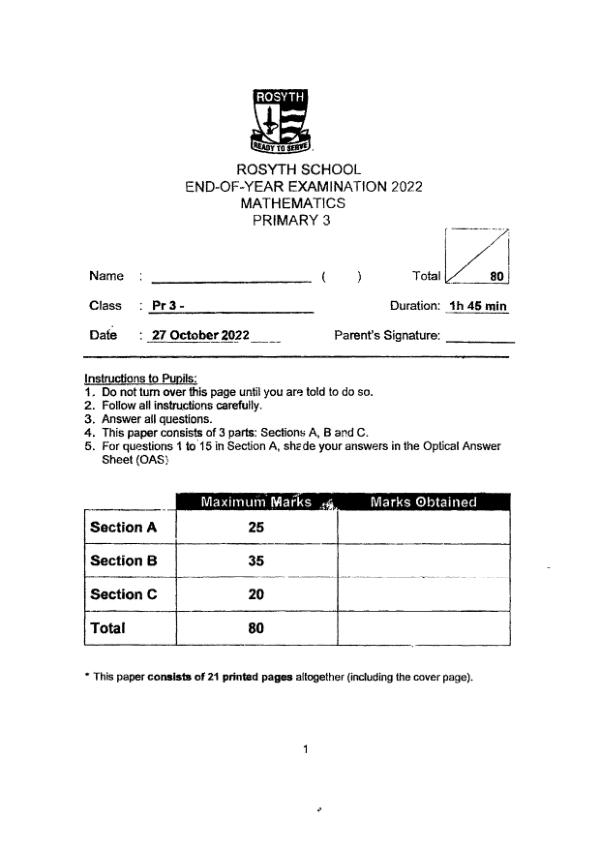 First page preview of P3 Math 2022 SA2 — Rosyth