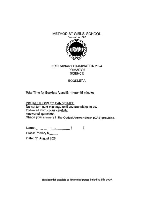 First page preview of P6 Sci 2024 SA2 — Methodist Girls