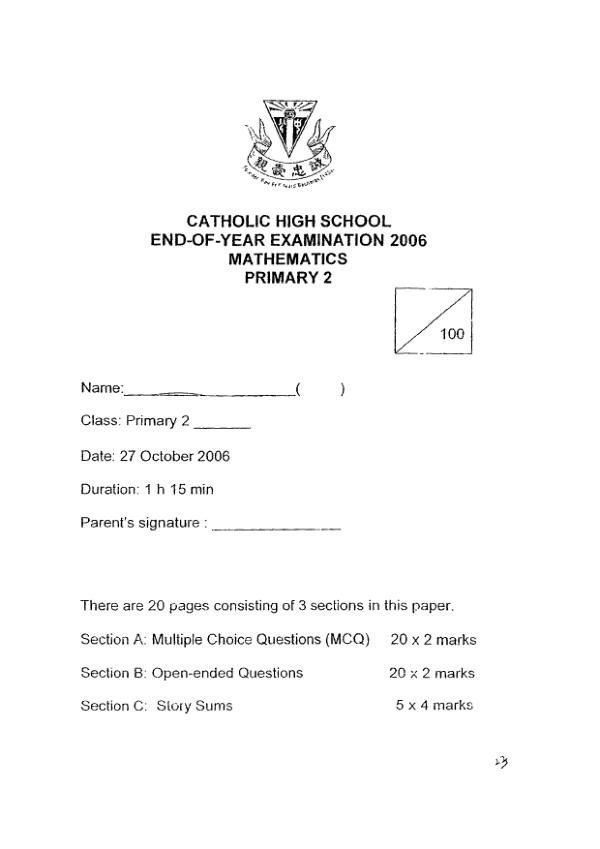 Catholic High P2 Math SA2 2006 exam paper PDF preview