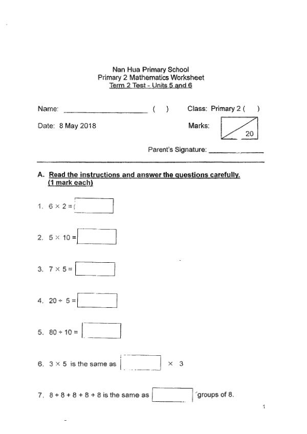 First page preview of P2 Math 2018 WA2 — Nan Hua