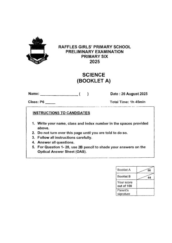 Raffles Girls P6 Sci SA2 2025 exam paper PDF preview