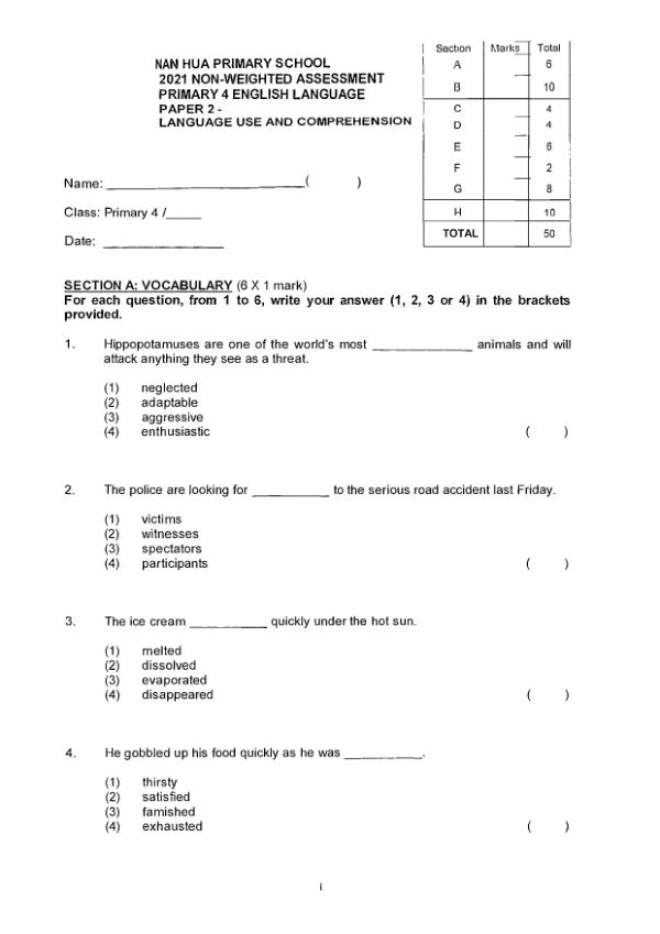 Nan Hua P4 Eng WA3 2021 exam paper PDF first page preview