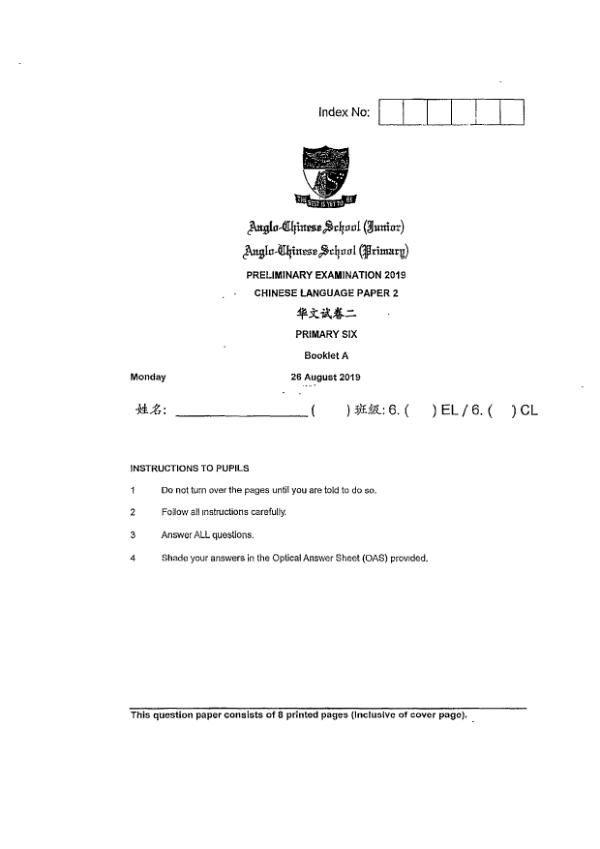 Anglo Chinese P6 Chi SA2 2019 exam paper PDF first page preview