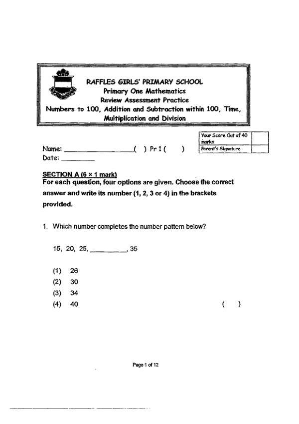 Raffles Girls P1 Math WA3 2013 exam paper PDF preview