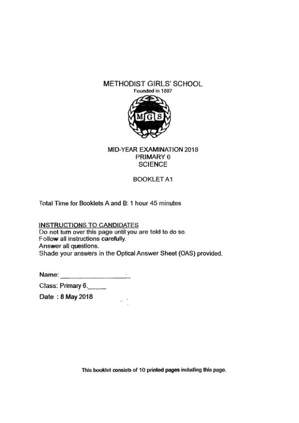 Methodist Girls P6 Sci WA2 2018 exam paper PDF first page preview