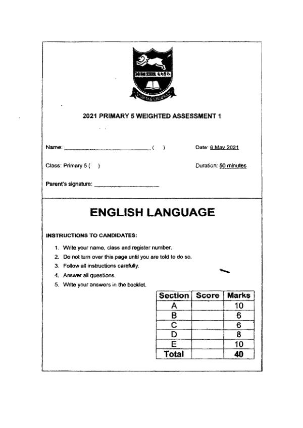 Tao Nan P5 Eng WA2 2021 exam paper PDF first page preview