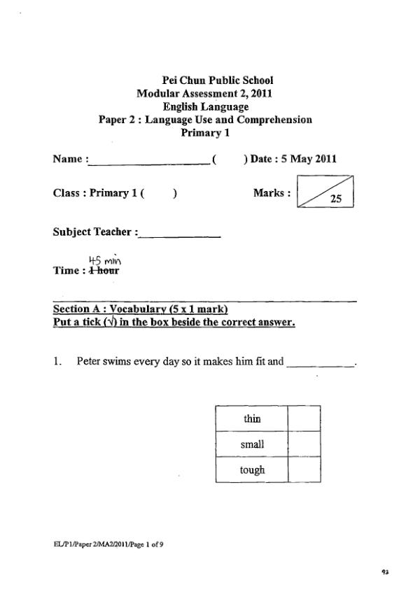 Pei Chun P1 Eng WA2 2011 exam paper PDF first page preview