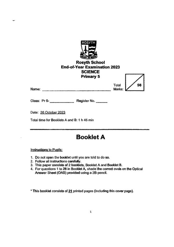Rosyth P5 Sci SA2 2023 exam paper PDF preview