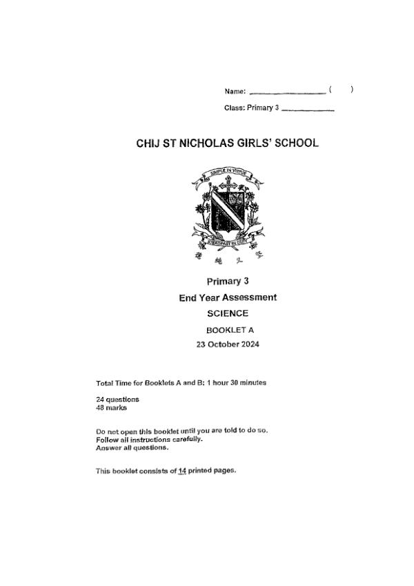 First page preview of P3 Sci 2024 SA2 — CHIJ