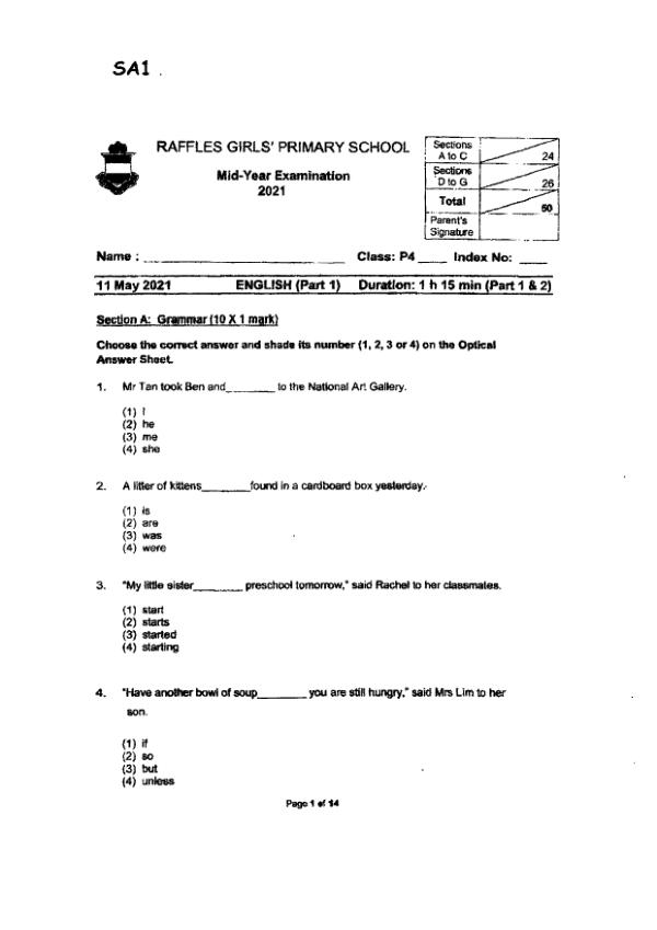 Raffles Girls P4 Eng WA2 2021 exam paper PDF first page preview