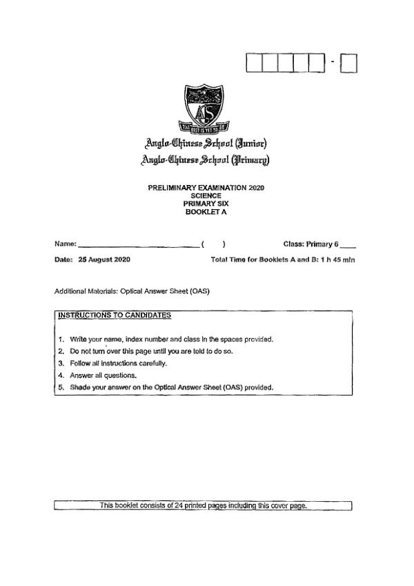 Anglo Chinese P6 Sci SA2 2020 exam paper PDF first page preview