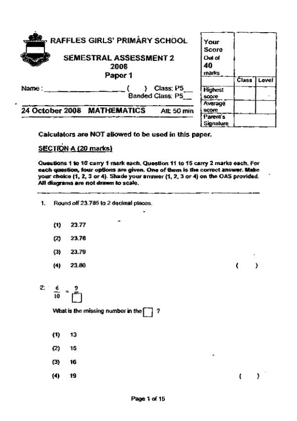 Raffles Girls P5 Math SA2 2008 exam paper PDF preview