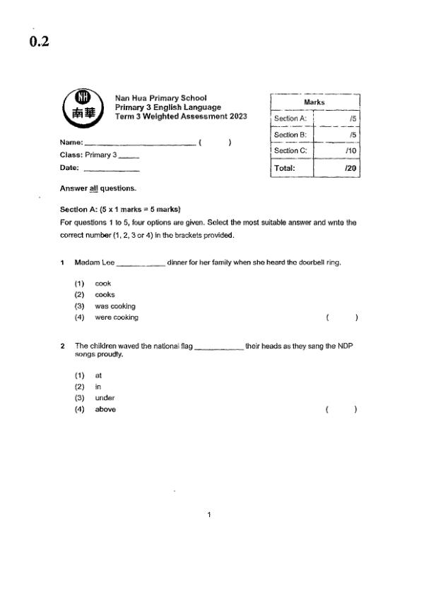 Nan Hua P3 Eng WA3 2023 exam paper PDF first page preview