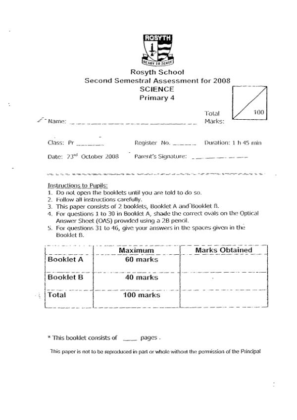 Rosyth P4 Sci SA2 2008 exam paper PDF preview