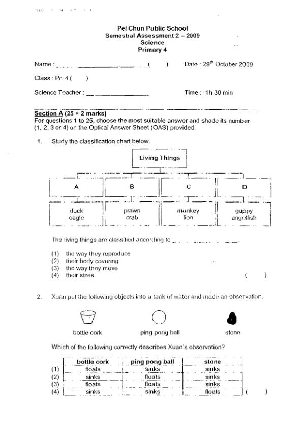 Pei Chun P4 Sci SA2 2009 exam paper PDF first page preview