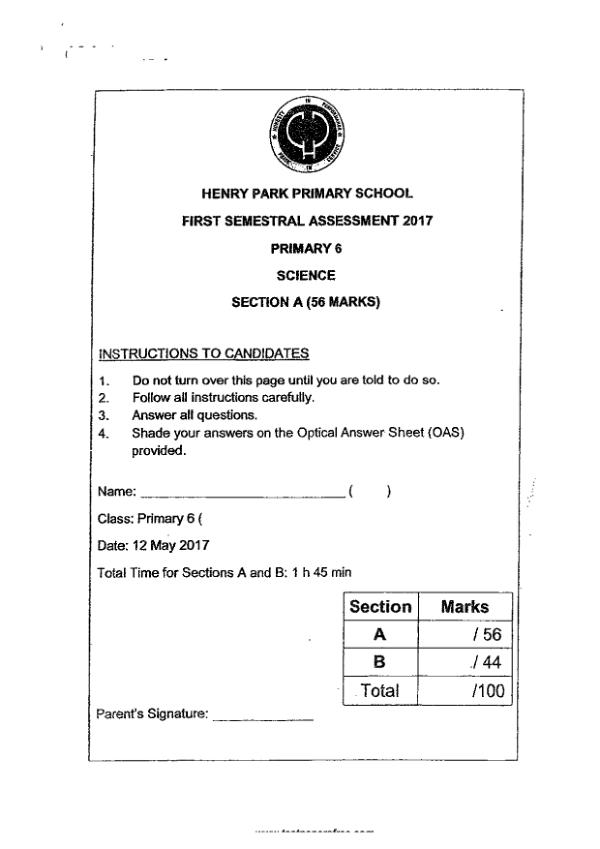 Henry Park P6 Sci WA2 2017 exam paper PDF first page preview