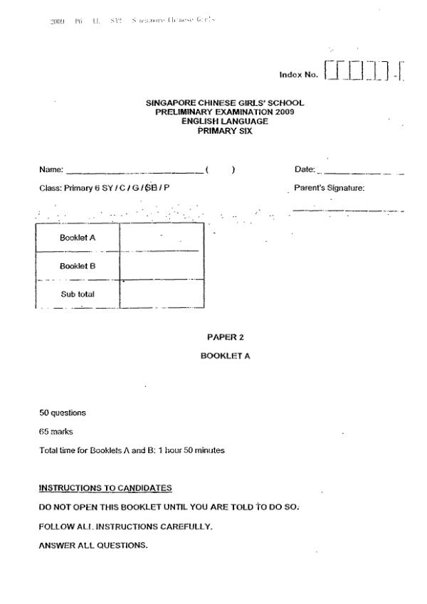 Singapore Chinese Girls P6 Eng SA2 2009 exam paper PDF first page preview