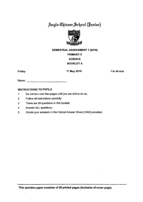 Anglo Chinese P5 Sci WA2 2019 exam paper PDF first page preview