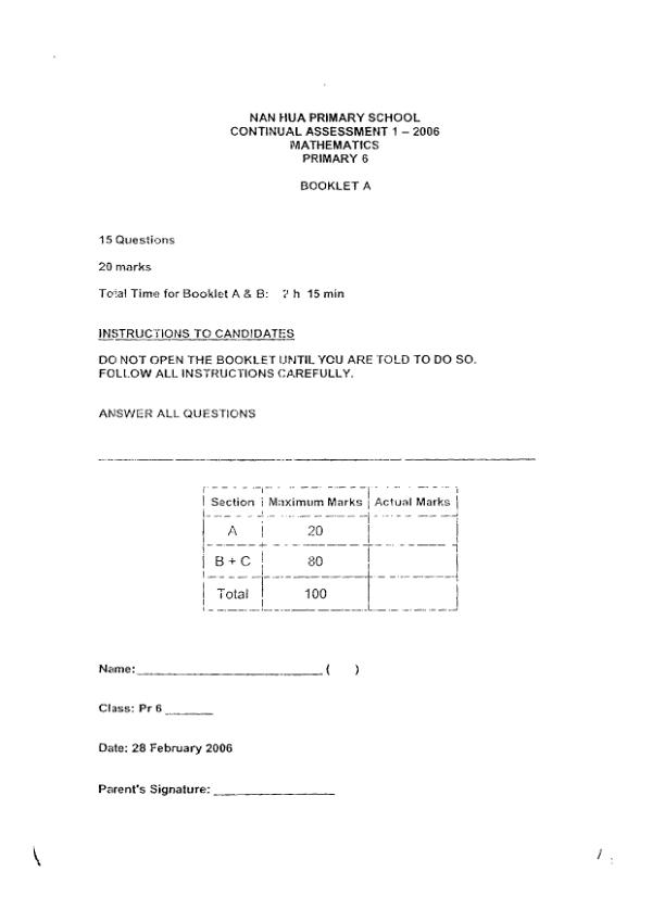 Nan Hua P6 Math WA1 2006 exam paper PDF preview