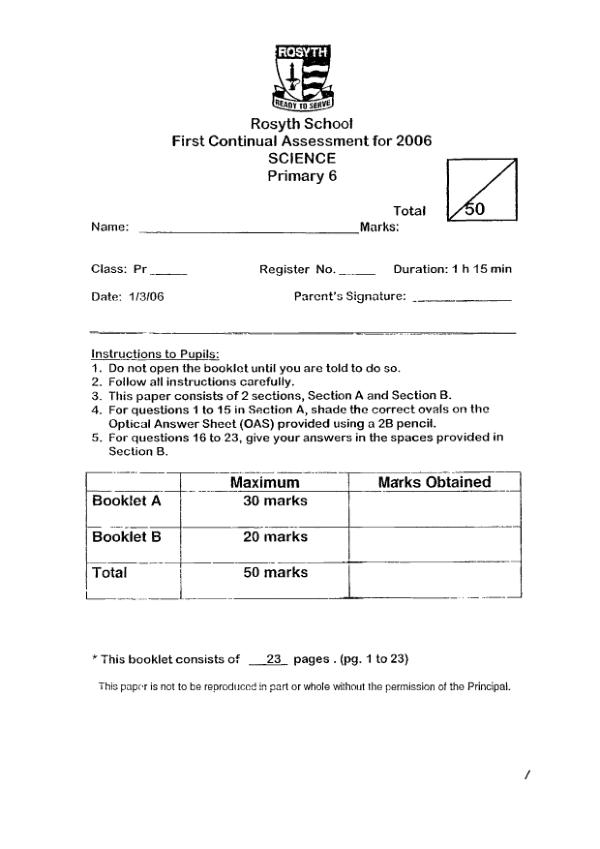 Rosyth P6 Sci WA1 2006 exam paper PDF preview