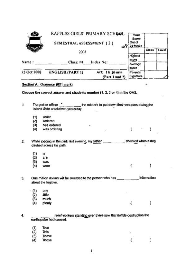 Raffles Girls P4 Eng SA2 2008 exam paper PDF preview