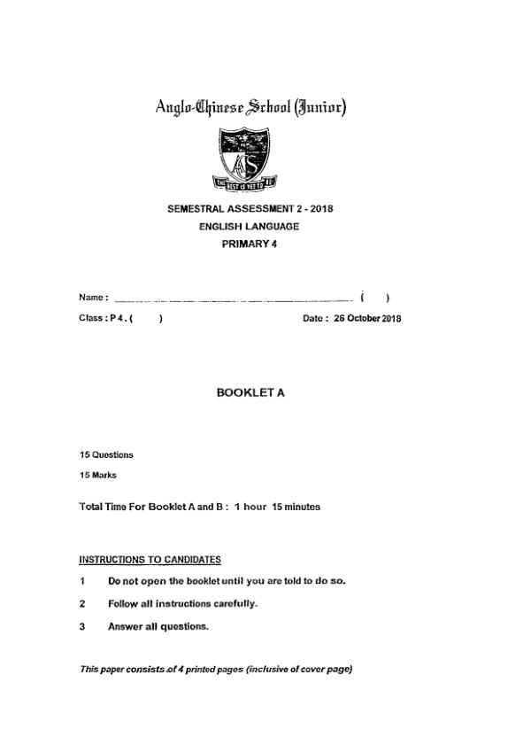 Anglo Chinese P4 Eng SA2 2018 exam paper PDF first page preview