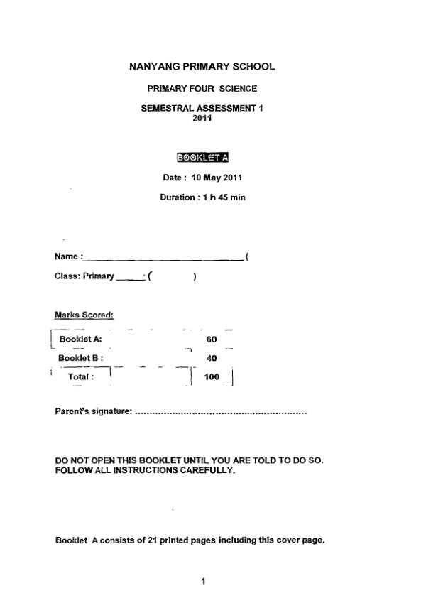 Nanyang P4 Sci WA2 2011 exam paper PDF first page preview