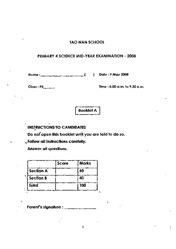 Tao Nan P4 Sci WA2 2008 exam paper PDF first page preview
