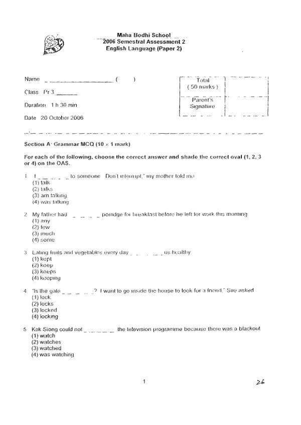 Maha Bodhi P3 Eng SA2 2006 exam paper PDF preview