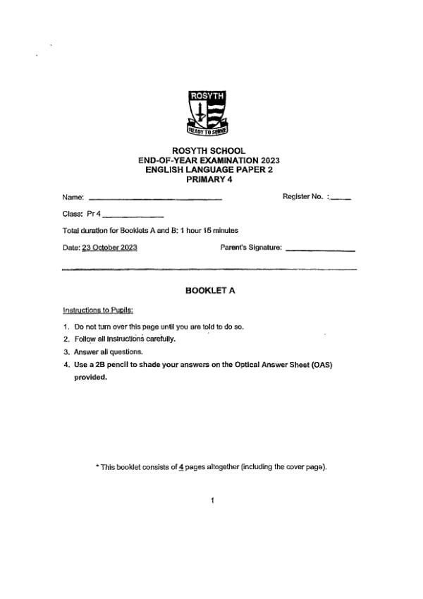 Rosyth P4 Eng SA2 2023 exam paper PDF first page preview
