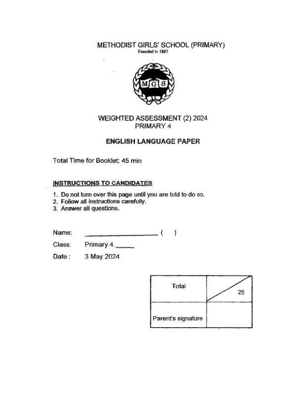 First page preview of P4 Eng 2024 WA2 — Methodist Girls