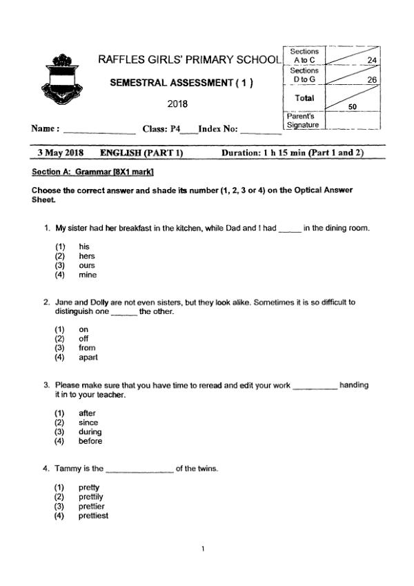 Raffles Girls P4 Eng WA2 2018 exam paper PDF first page preview