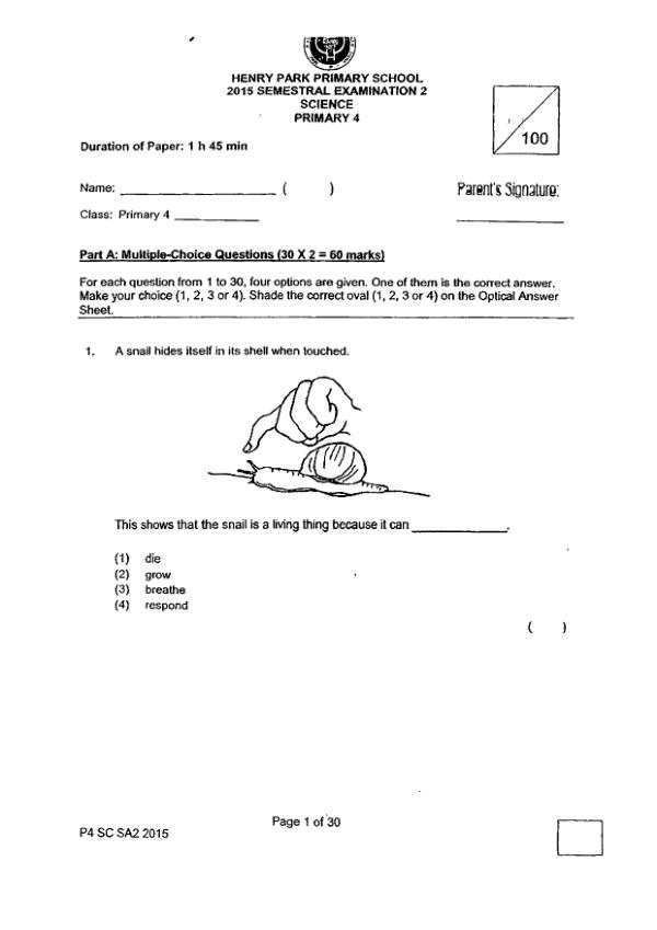 Henry Park P4 Sci SA2 2015 exam paper PDF first page preview