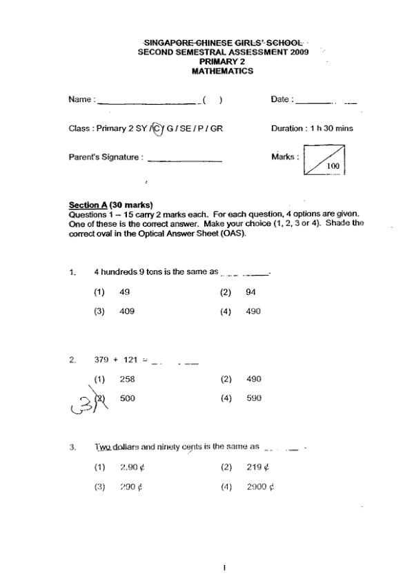 Singapore Chinese Girls P2 Math SA2 2009 exam paper PDF preview