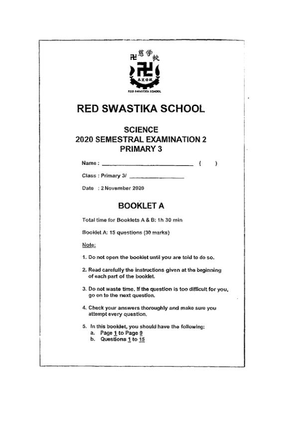 Red Swastika P3 Sci SA2 2020 exam paper PDF preview