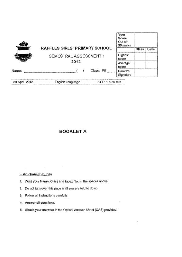 Raffles Girls P6 Eng WA2 2012 exam paper PDF first page preview