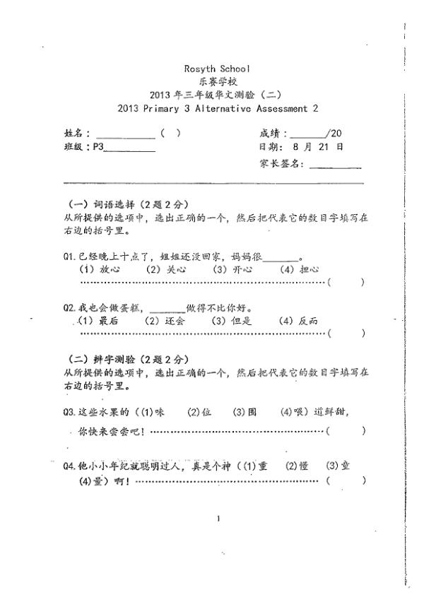 Rosyth P3 Chi WA3 2013 exam paper PDF first page preview