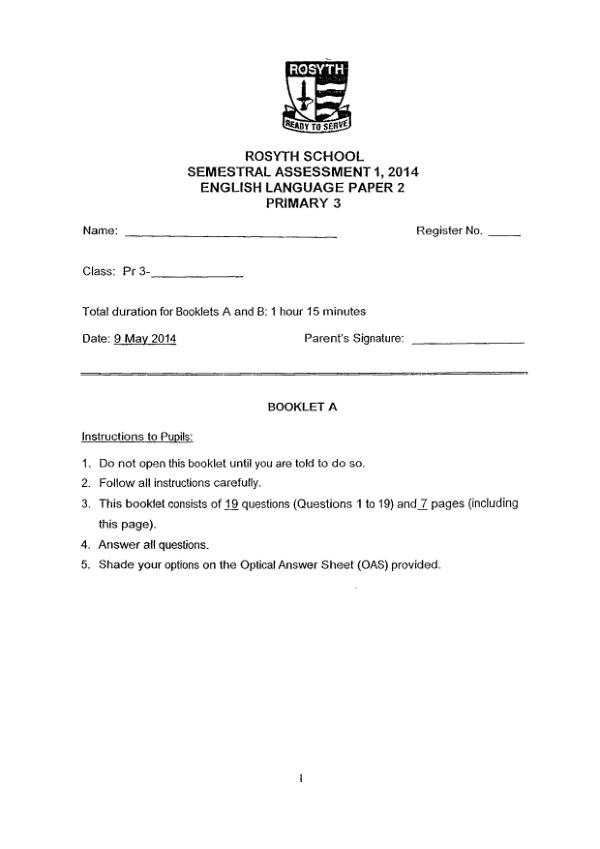 Rosyth P3 Eng WA2 2014 exam paper PDF first page preview