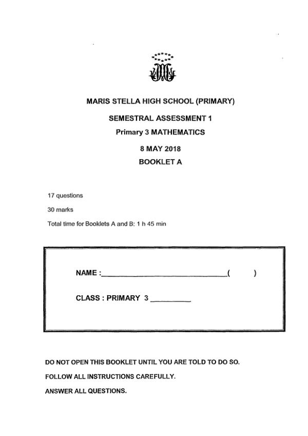First page preview of P3 Math 2018 WA2 — Maris Stella High