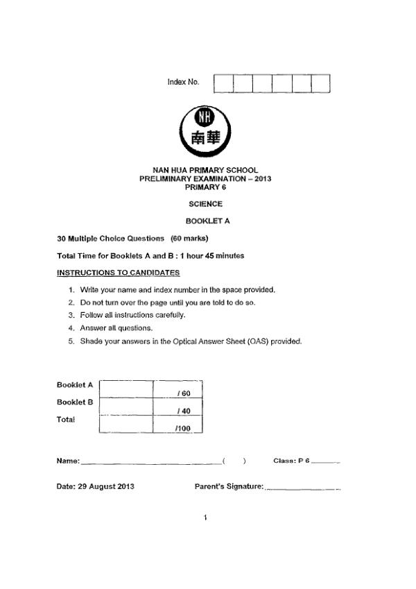 Nan Hua P6 Sci SA2 2013 exam paper PDF preview