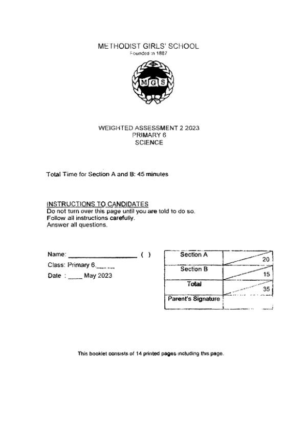 First page preview of P6 Sci 2023 WA2 — Methodist Girls