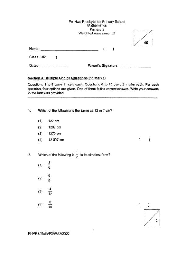 First page preview of P3 Math 2022 WA3 — Pei Hwa